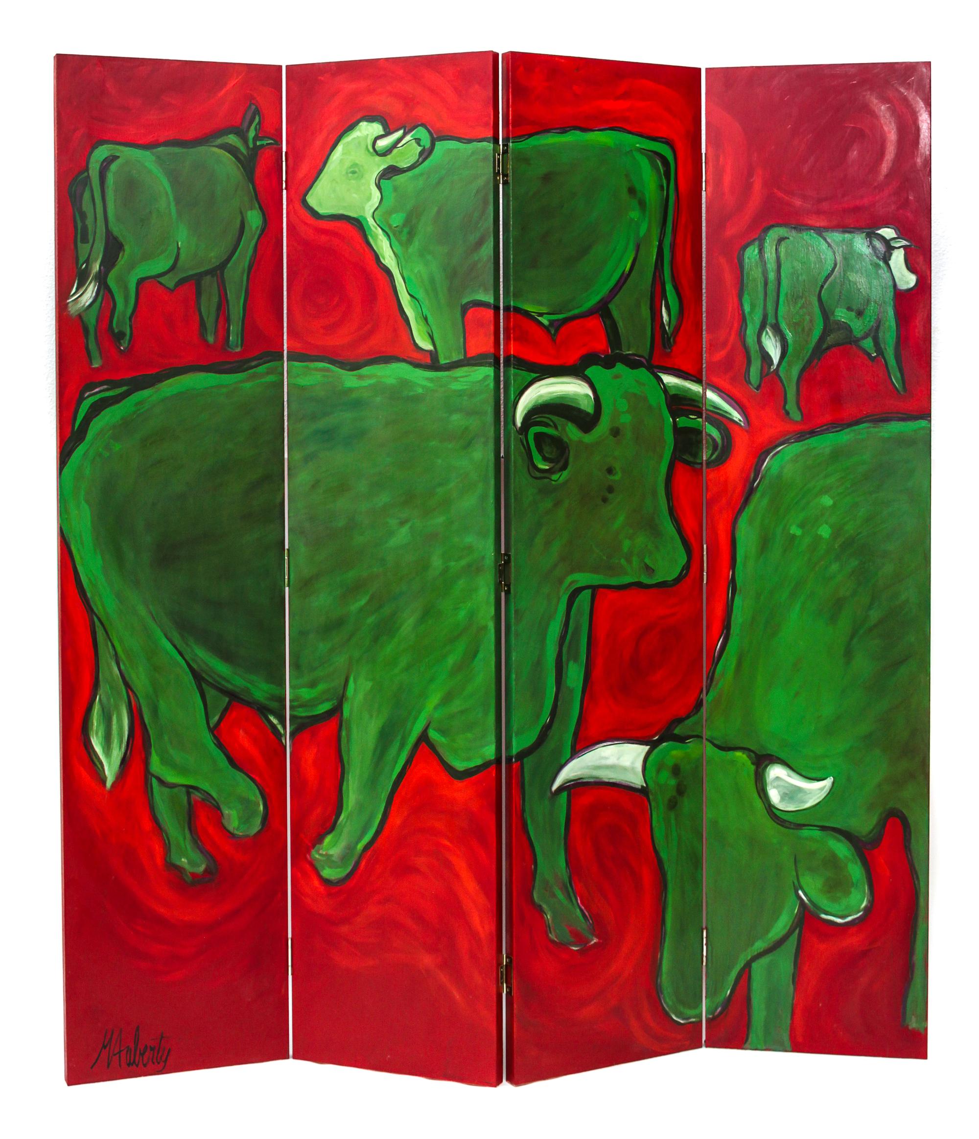 Melissa Auberty, (American, b. 1945), Two Four-Paneled Screens Depicting Cows