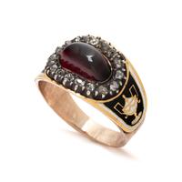 GEORGIAN, GARNET, ENAMEL, AND DIAMOND RING