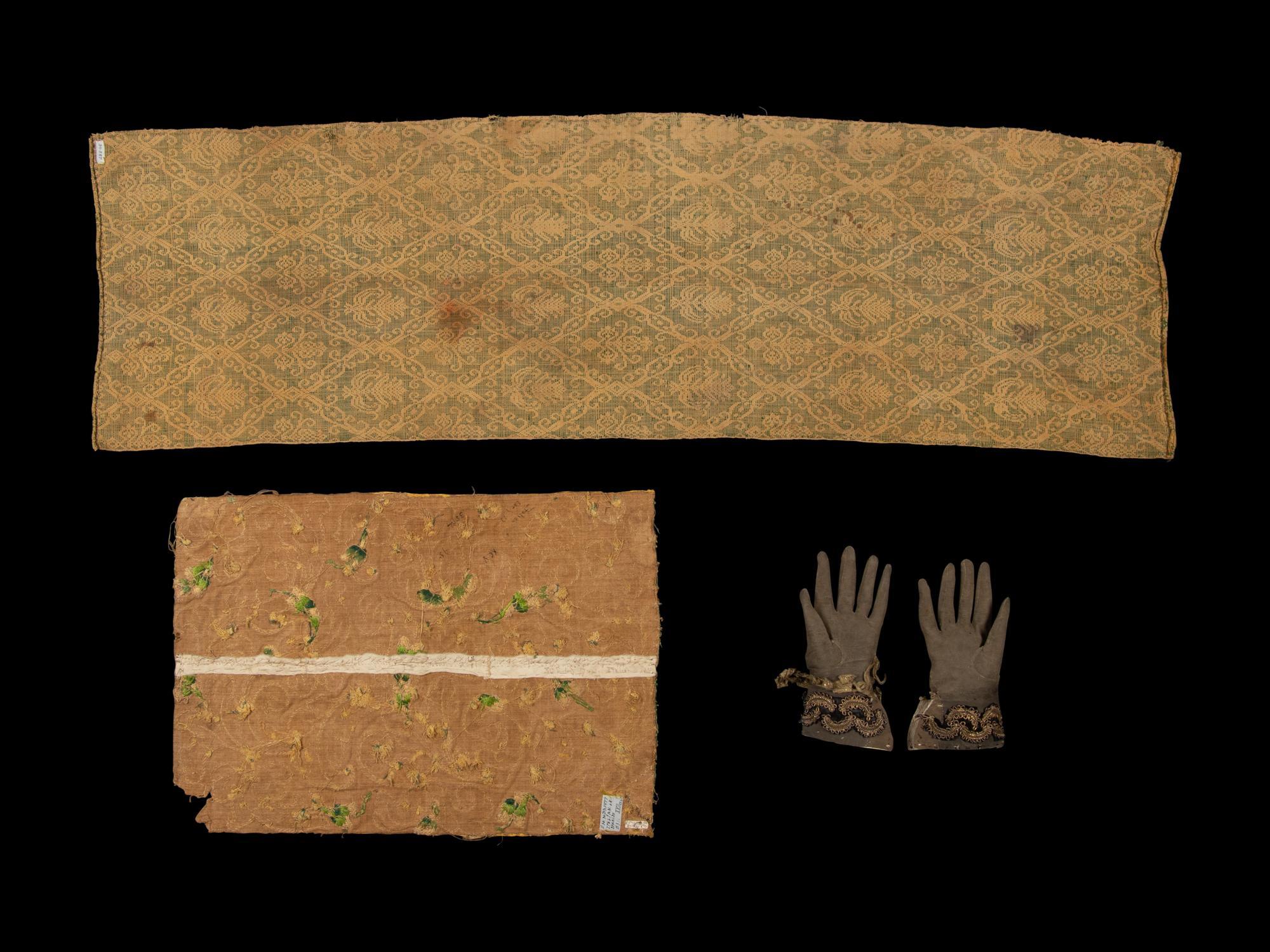 Two Textiles and One Pair of Gloves, 17th-18th Century