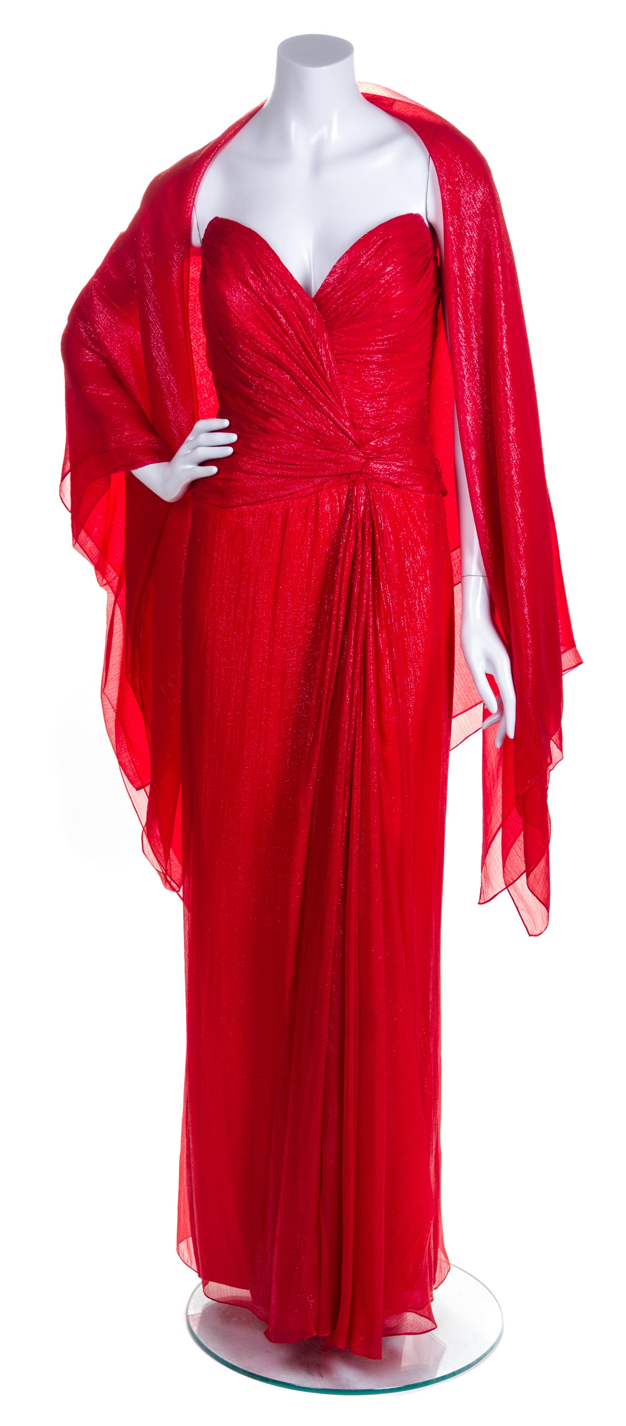 A Bob Mackie Red Strapless Layered Gown, Size 10.