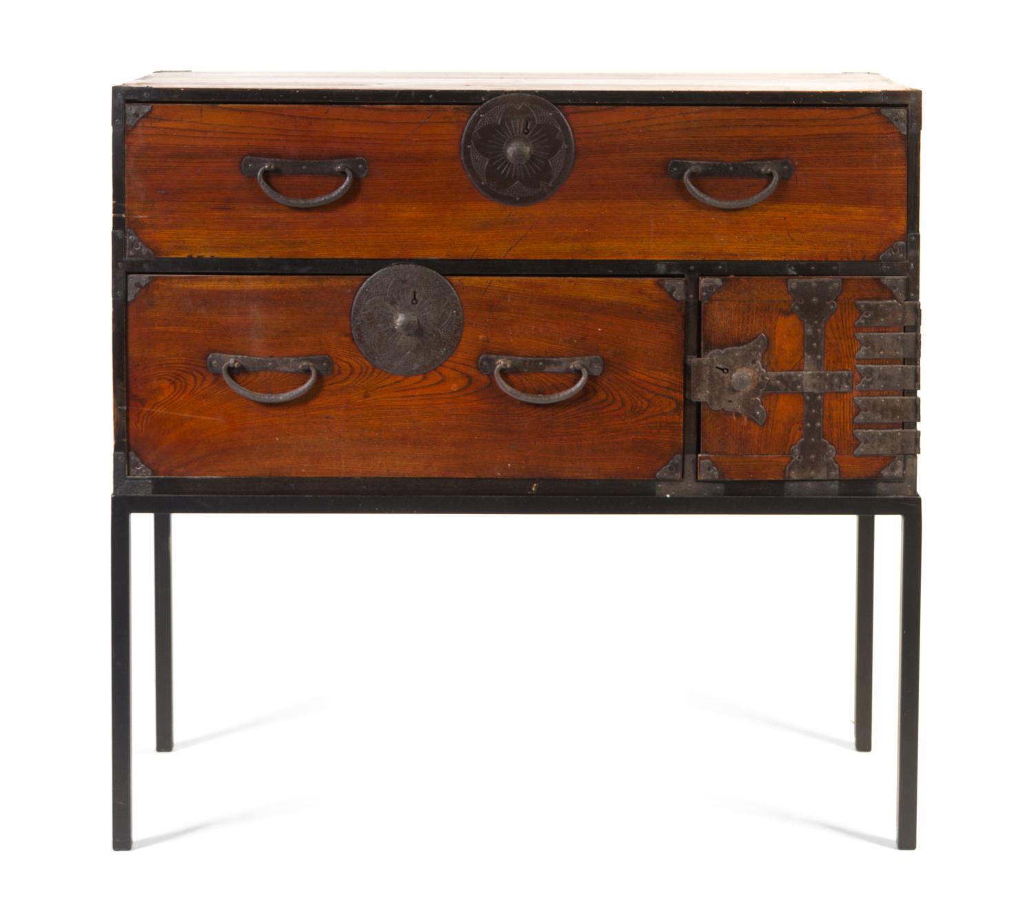 An Iron Mounted and Lacquered Tansu Chest on Stand Height 40 x width 42 x depth 17 inches. — LIKELY 19TH CENTURY OR LATER