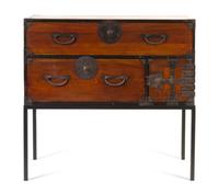 An Iron Mounted and Lacquered Tansu Chest on Stand Height 40 x width 42 x depth 17 inches. — LIKELY 19TH CENTURY OR LATER