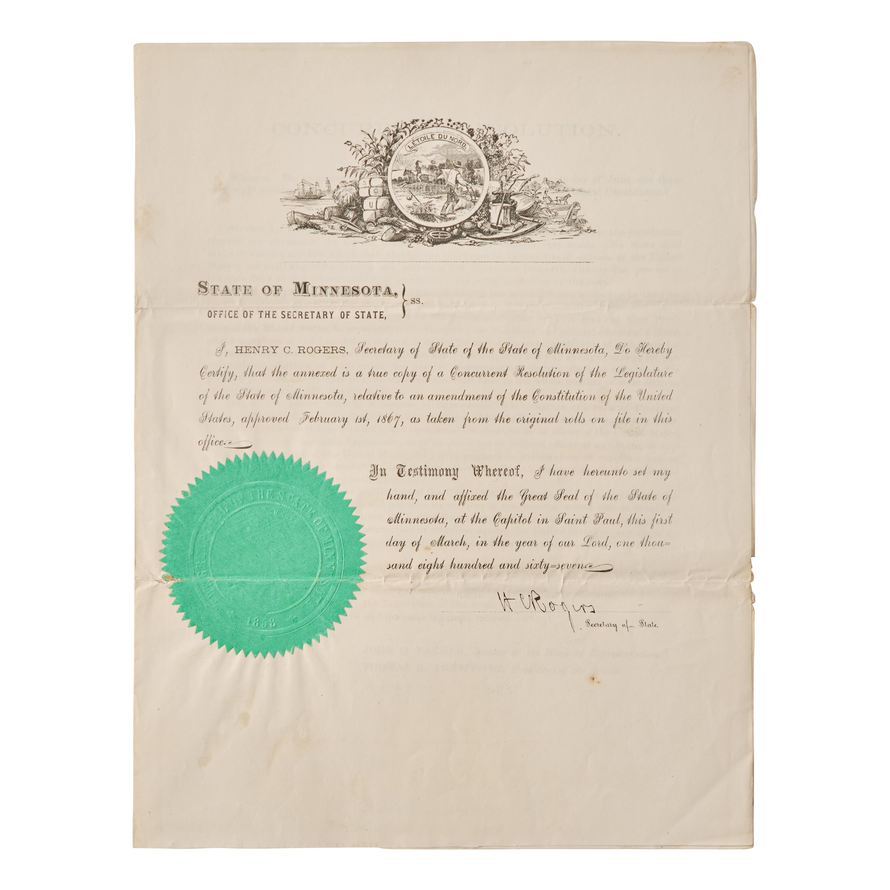 [African-Americana] (Fourteenth Amendment) The State of Minnesota Officially Certifies the Fourteenth Amendment to the Constitution Of the United States