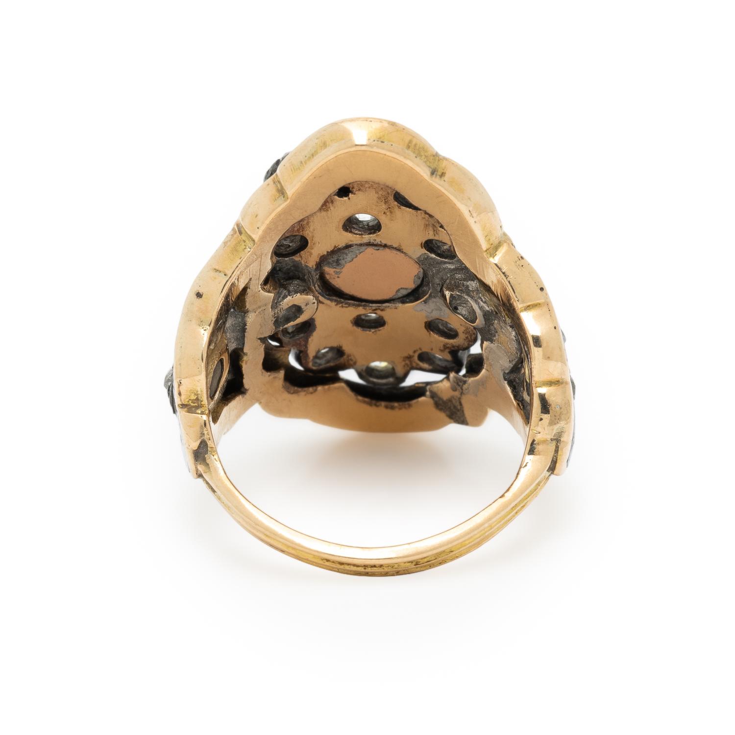 ANTIQUE, DIAMOND, ENAMEL, AND YELLOW GOLD RING