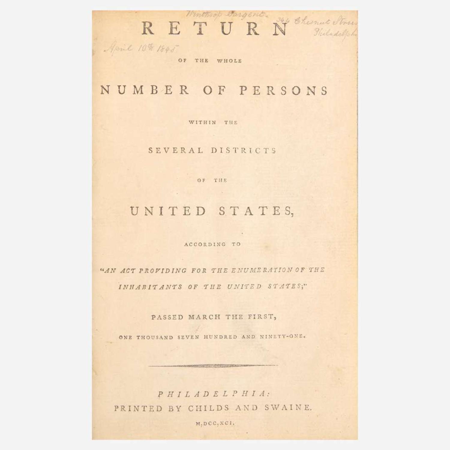 Jefferson, Thomas Return of the Whole Number of Persons within the Several Districts of the United States, According to "An Act Providing for the Enumeration of the Inhabitants of the United States"...