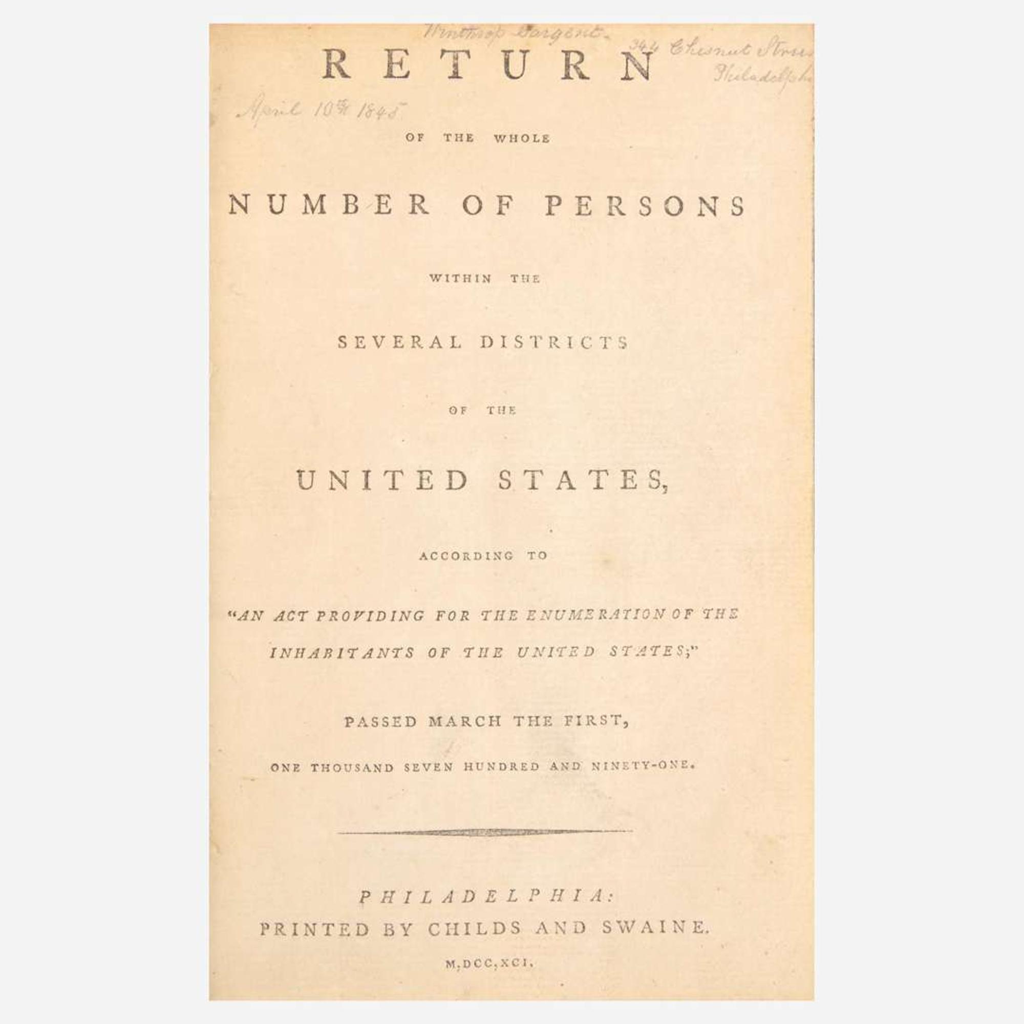Jefferson, Thomas Return of the Whole Number of Persons within the Several Districts of the United States, According to "An Act Providing for the Enumeration of the Inhabitants of the United States"...