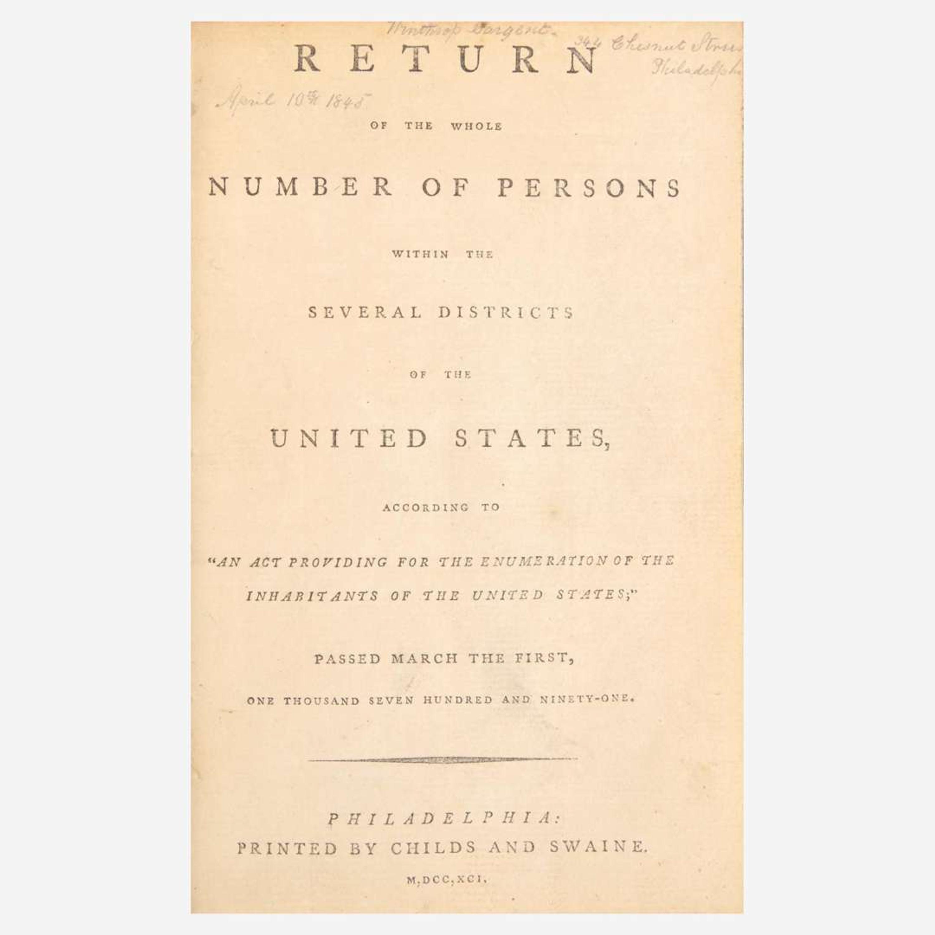 Jefferson, Thomas Return of the Whole Number of Persons within the Several Districts of the United States, According to "An Act Providing for the Enumeration of the Inhabitants of the United States"...