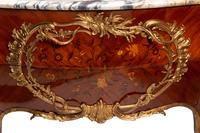A Pair of Louis XV Style Gilt Bronze Mounted Kingwood and Floral Marquetry Marble-Top Commodes