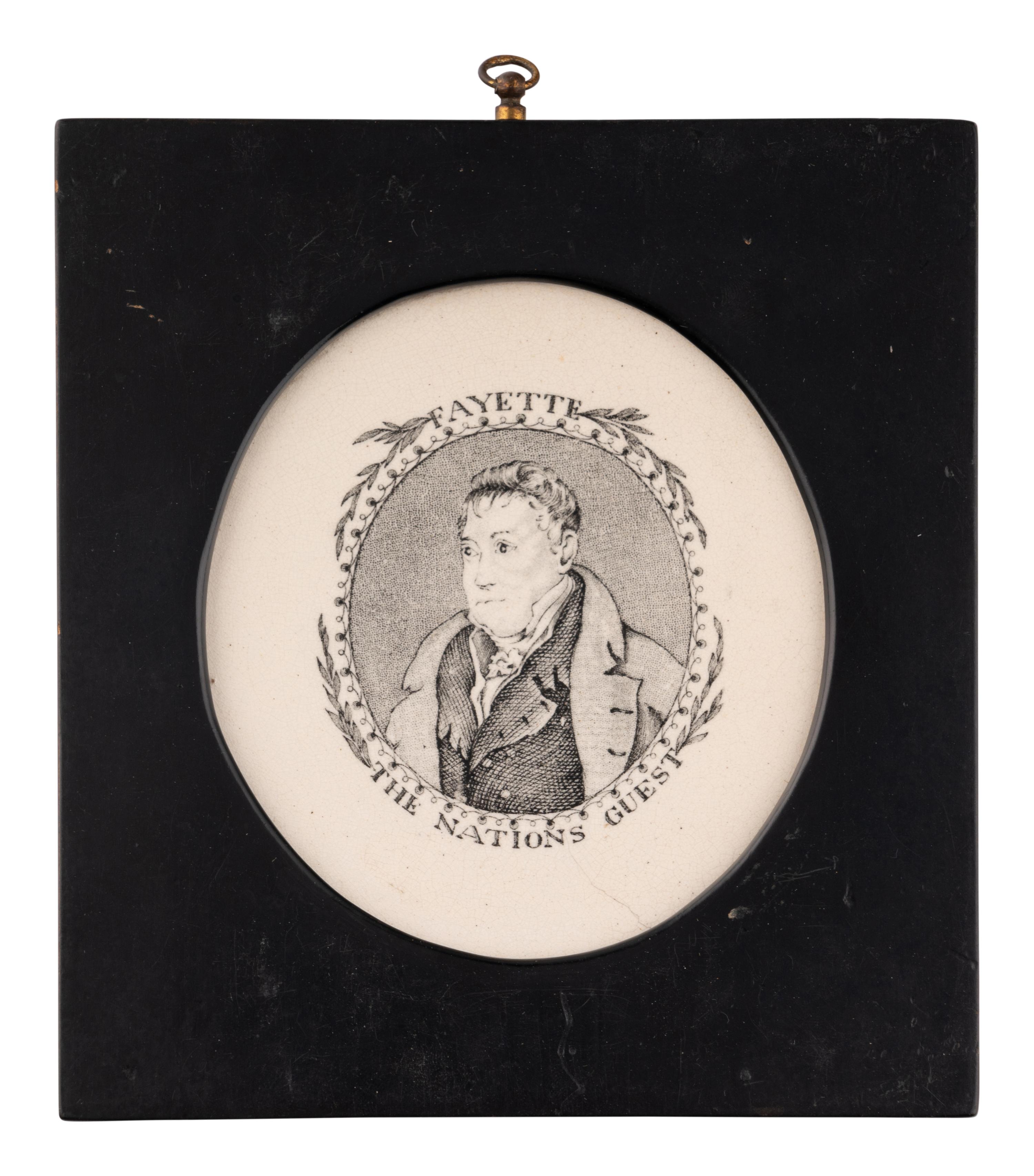 Three Porcelain Plaques depicting General Lafayette "The Nations Guest," President George Washington "The Countrys Father," and Benjamin Franklin.