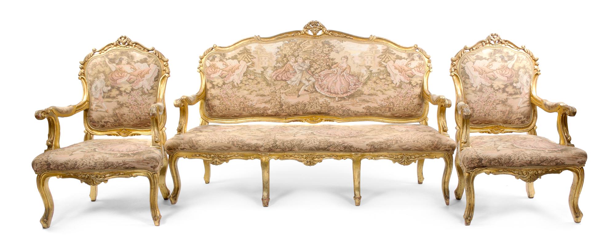 A Louis XV Style Giltwood Parlor Suite, Width of first 66 inches.