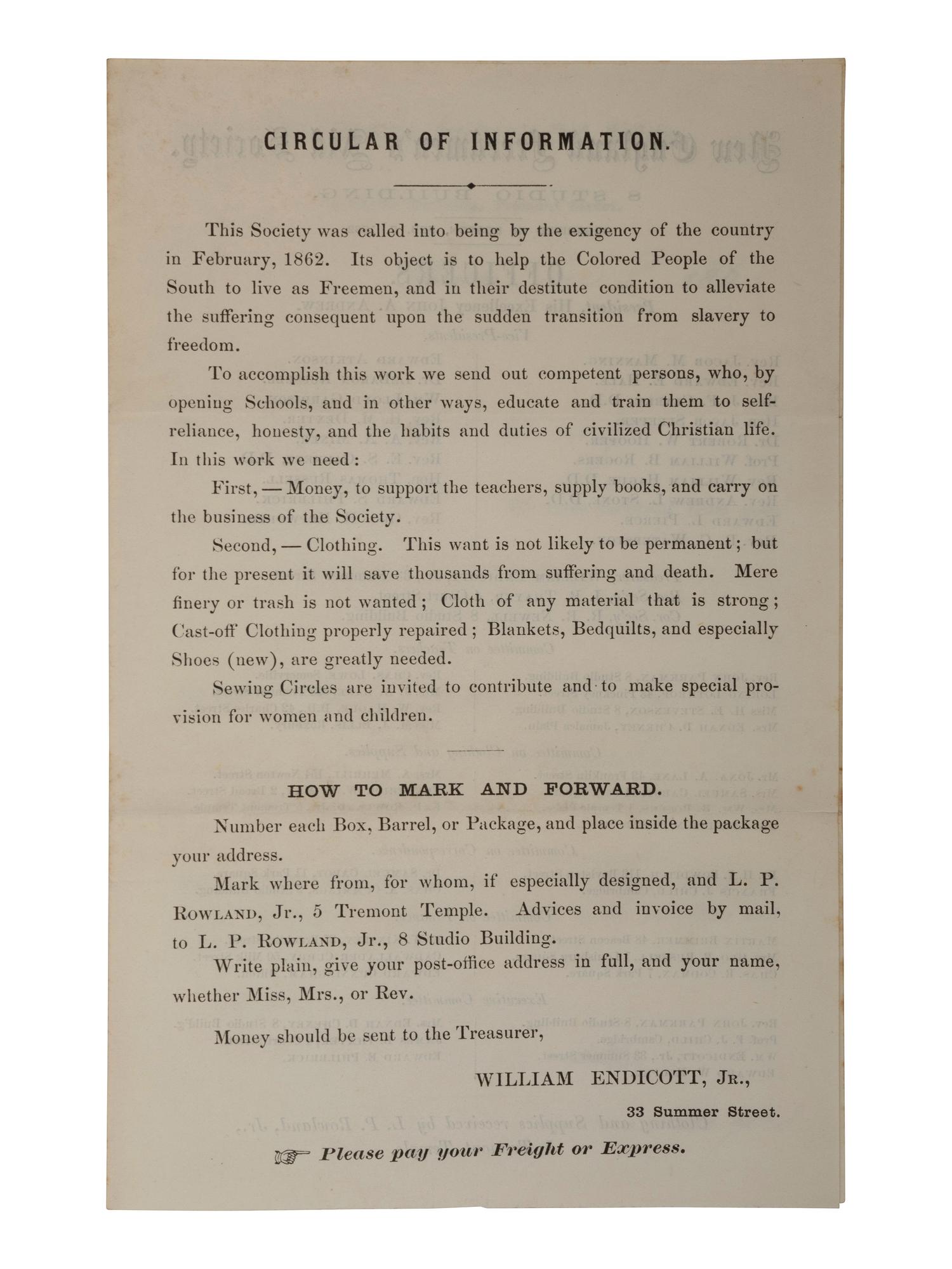 [ENSLAVEMENT & ABOLITION]. Circular of Information for the New England Freedmen's Aid Society. Boston, MA, 2 December 1865.