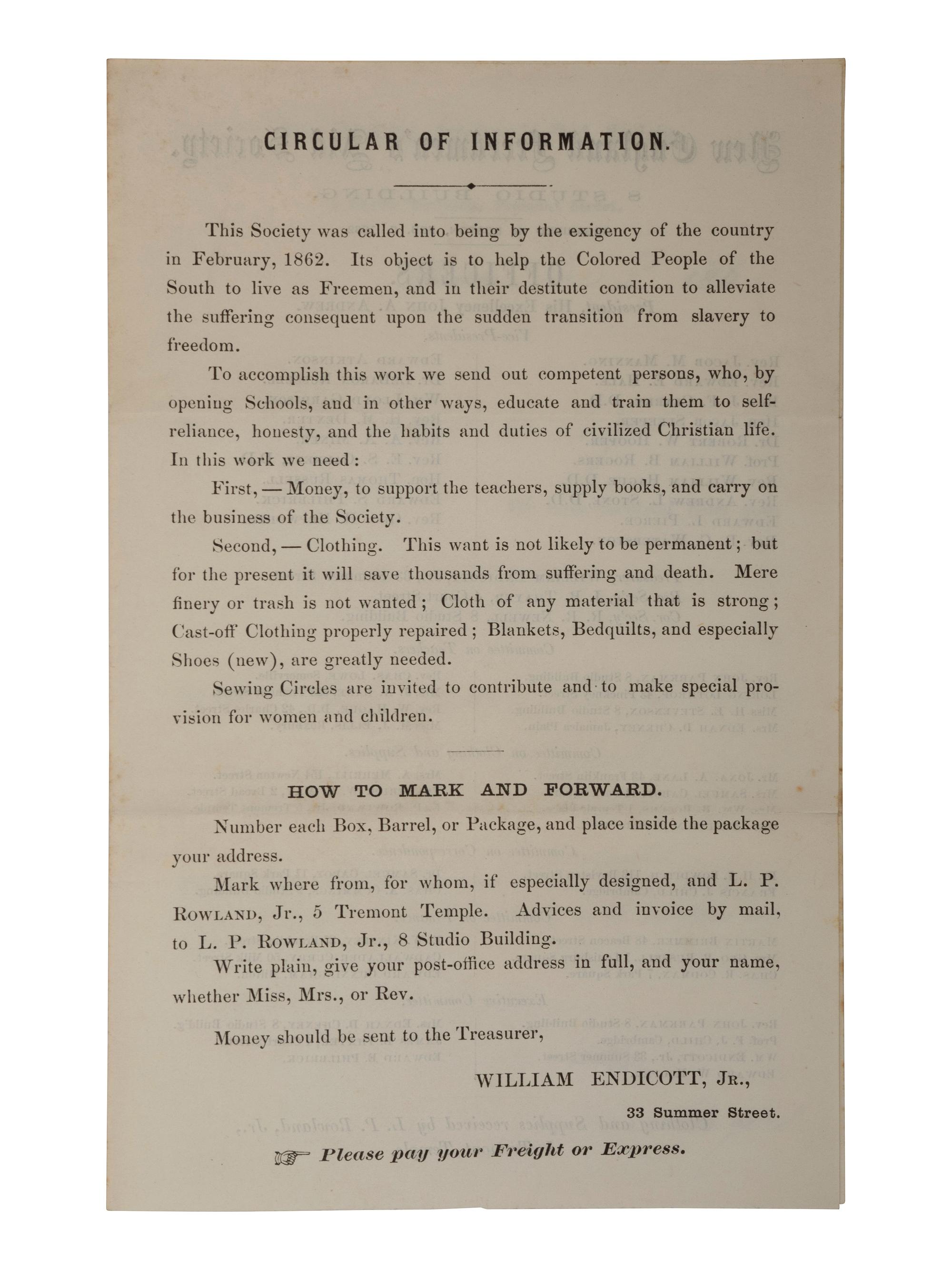 [ENSLAVEMENT & ABOLITION]. Circular of Information for the New England Freedmen's Aid Society. Boston, MA, 2 December 1865.