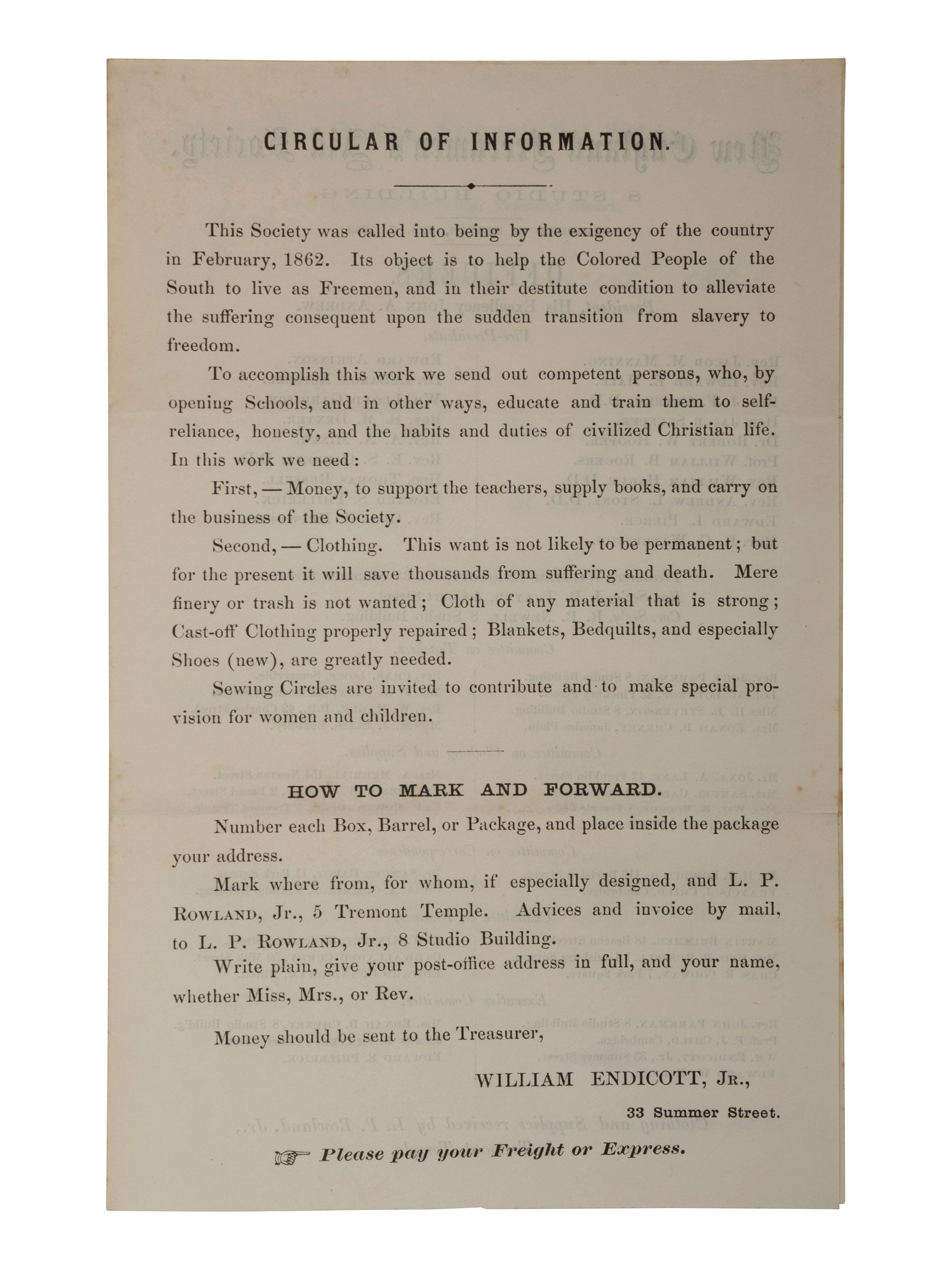 [ENSLAVEMENT & ABOLITION]. Circular of Information for the New England Freedmen's Aid Society. Boston, MA, 2 December 1865.