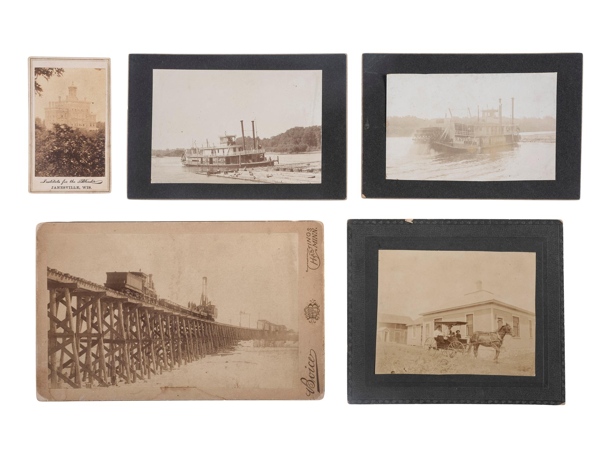 [EARLY PHOTOGRAPHY]. A collection of 13 photographs of Minnesota and Wisconsin, including landmarks, landscape views, transportation scenes, and more.