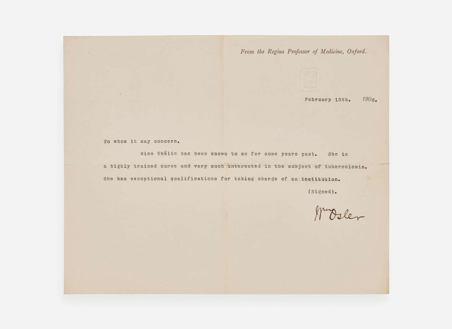 [Science, Medicine & Mathematics] Osler, William: Group of 2 Typed Letters, signed