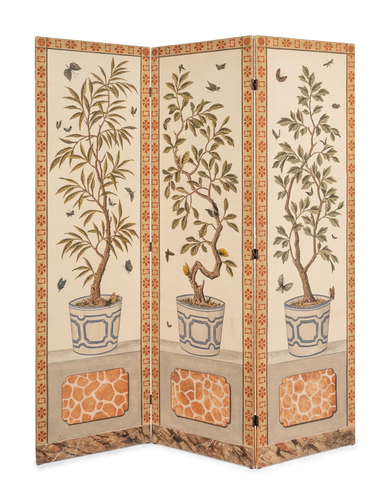 A Pair of Painted Three-Panel Screens