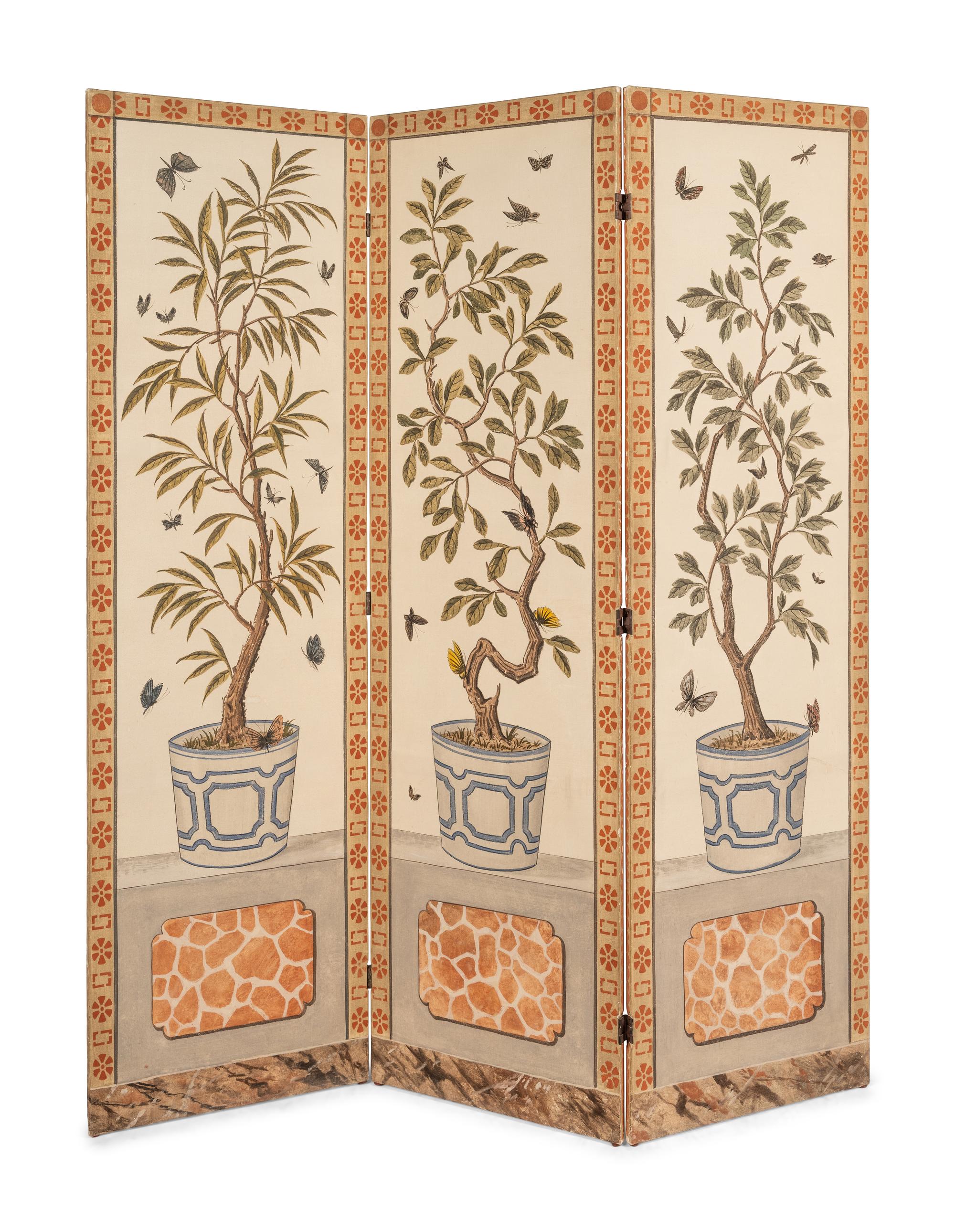 A Pair of Painted Three-Panel Screens