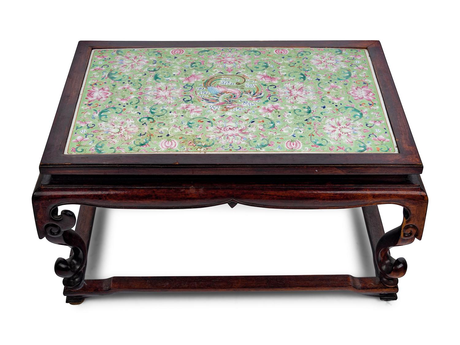 A Lime Green-Ground Famille Rose Porcelain Plaque Inset Hardwood Kang Table