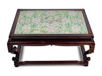 A Lime Green-Ground Famille Rose Porcelain Plaque Inset Hardwood Kang Table