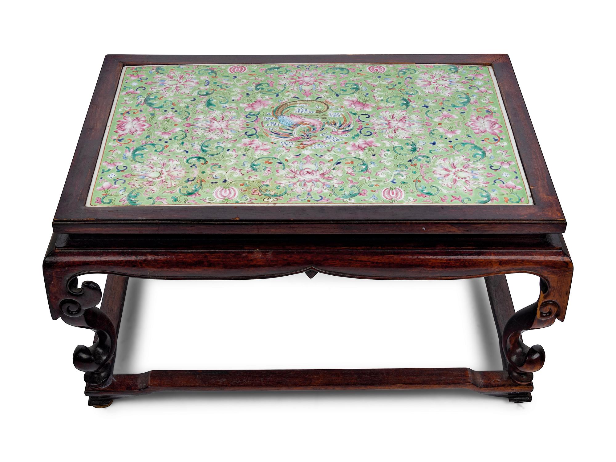 A Lime Green-Ground Famille Rose Porcelain Plaque Inset Hardwood Kang Table