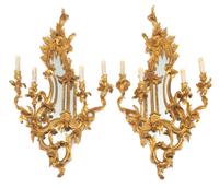 A Pair of French Gilt Bronze Four-Light Girandole Mirrors Height 37 1/2 x width 23 inches.