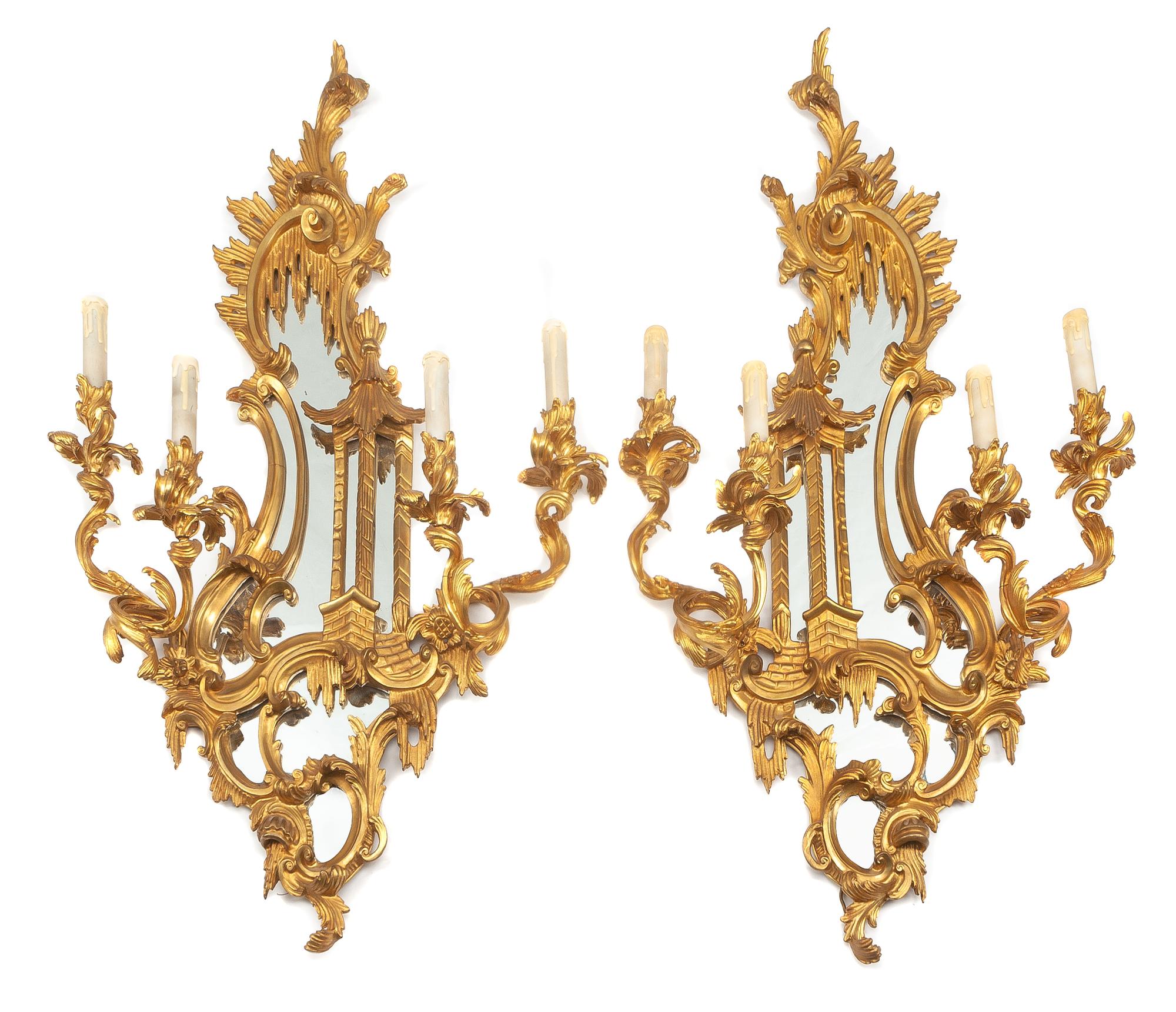 A Pair of French Gilt Bronze Four-Light Girandole Mirrors Height 37 1/2 x width 23 inches.