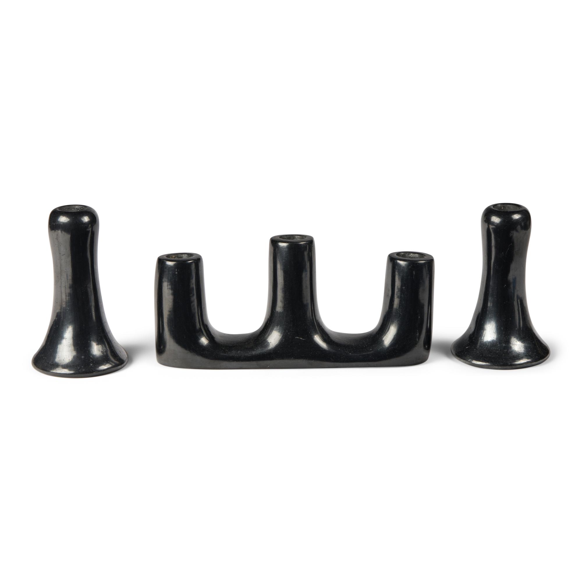 Santana and Adam Martinez (San Ildefonso, 1909-2002 / 1903-ca 2000) — Blackware Pottery Candlestick Holders, PLUS