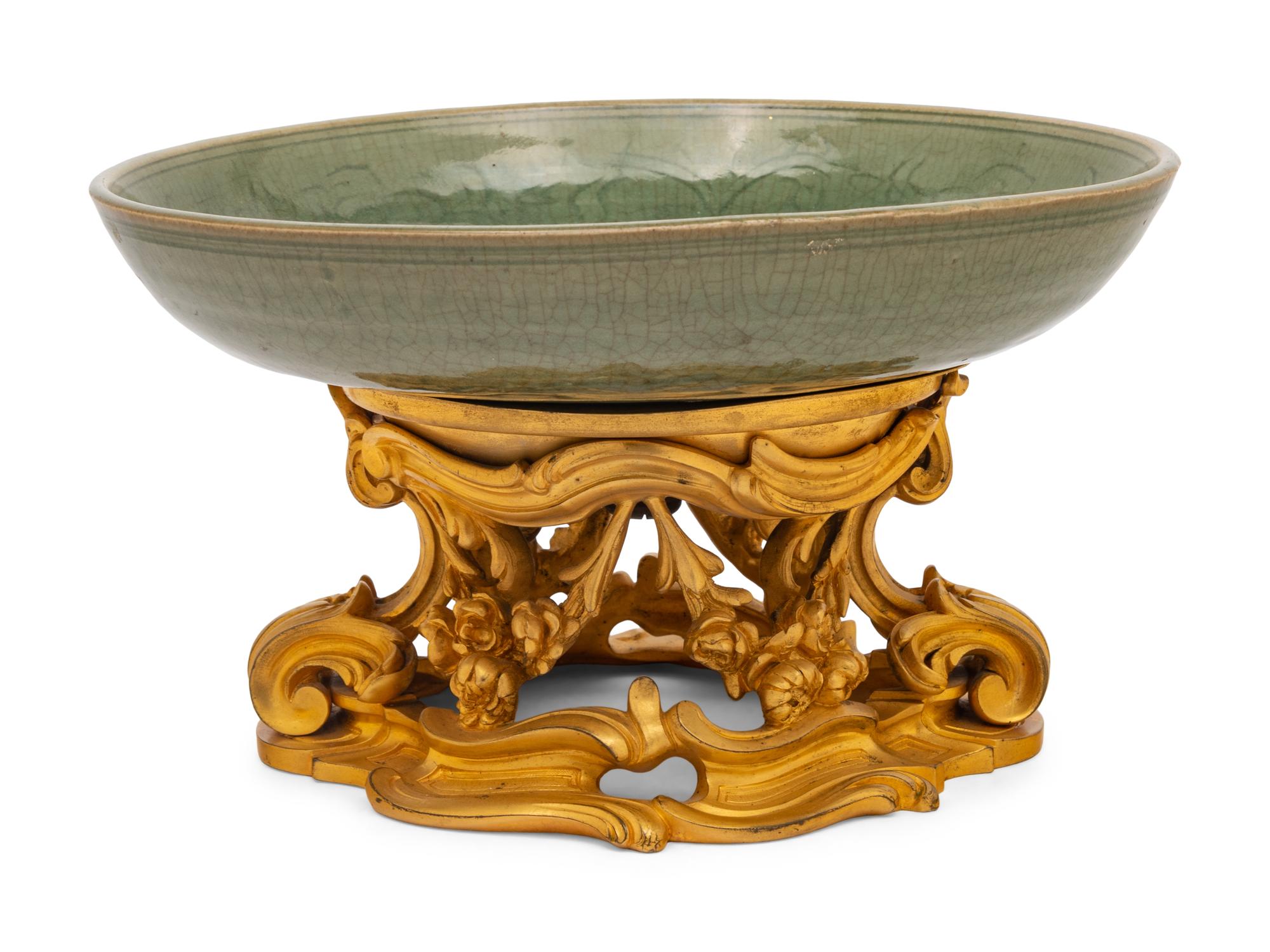 A French Gilt-Bronze Mounted Chinese Celadon Glazed Porcelain Dish