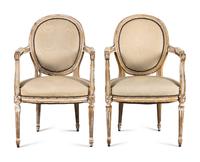 A Pair of Louis XVI Style Painted and Parcel Gilt Fauteuils
