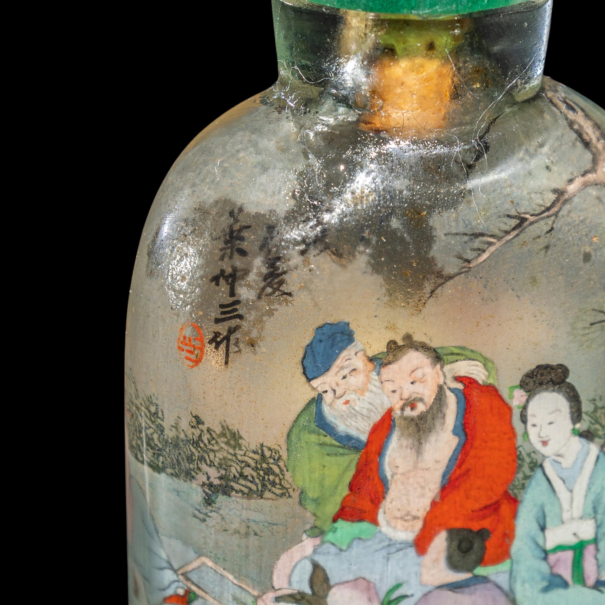 Two Chinese Inside Painted Snuff Bottles, Early 20th Century 葉仲三壬戌年（1922）作玻璃內畫八仙圖鼻煙壺及葉菶祺作瑪瑙內畫山水圖鼻煙壺