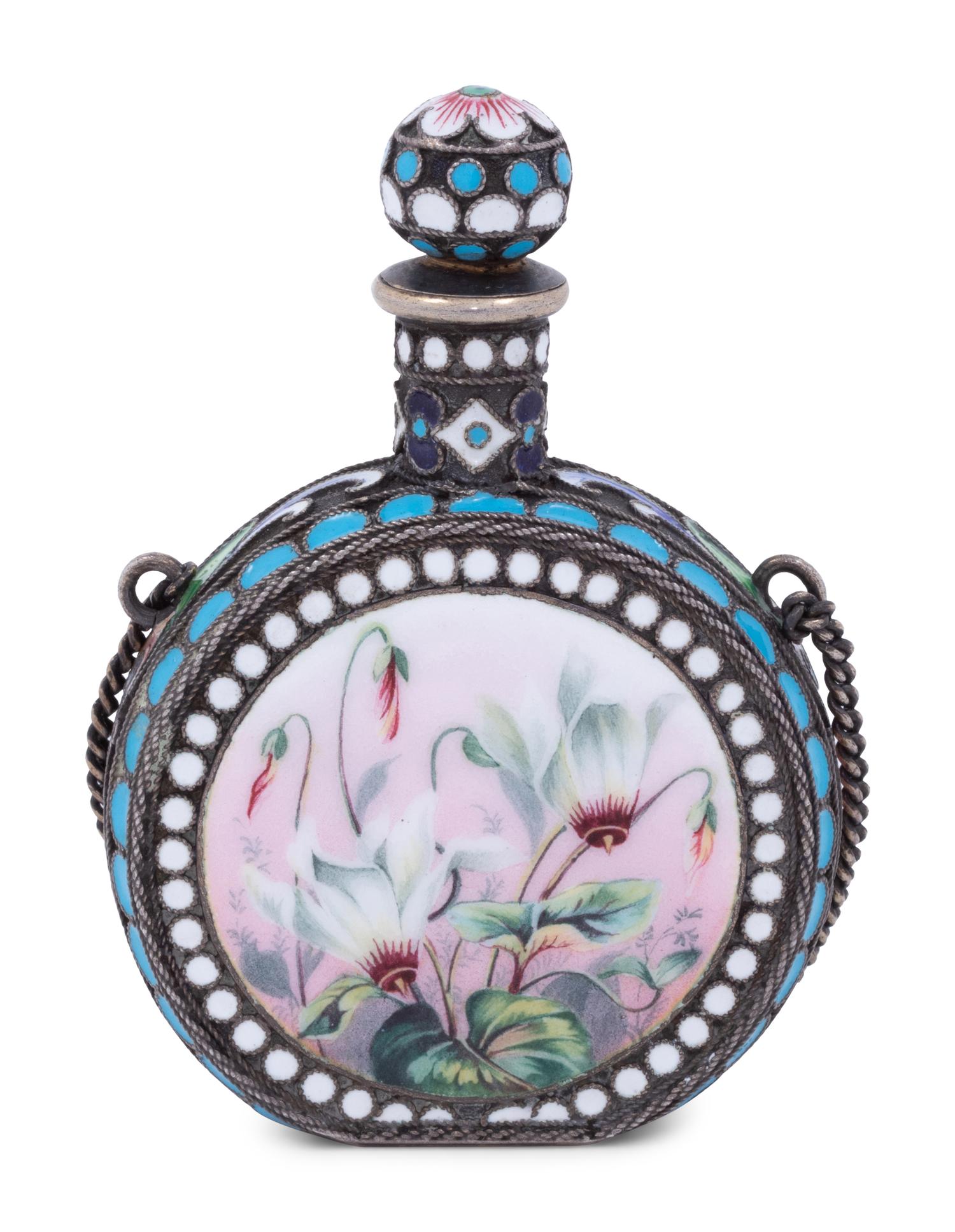 A Russian Enameled Silver Scent Flask and Clip
