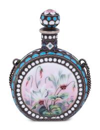 A Russian Enameled Silver Scent Flask and Clip