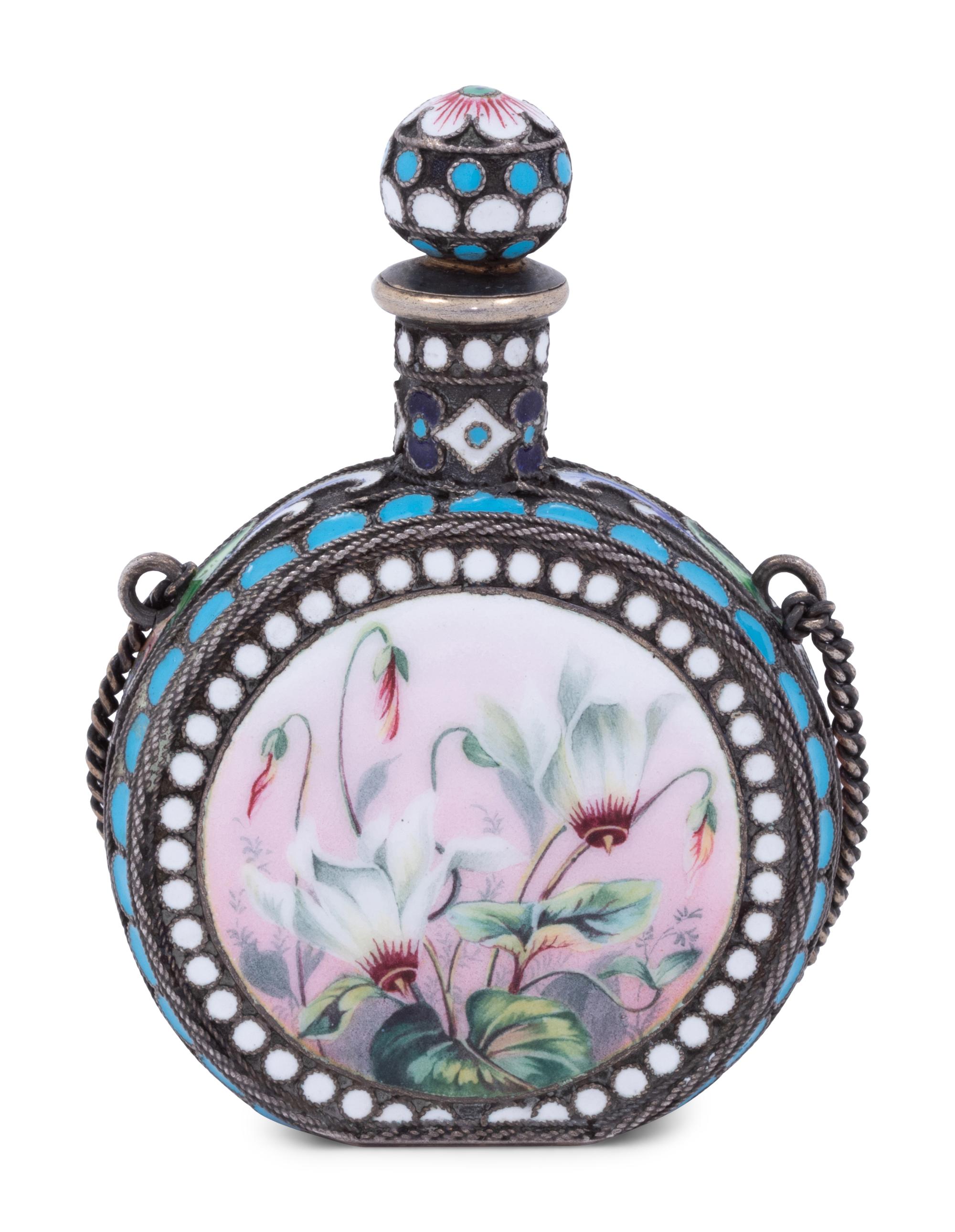 A Russian Enameled Silver Scent Flask and Clip