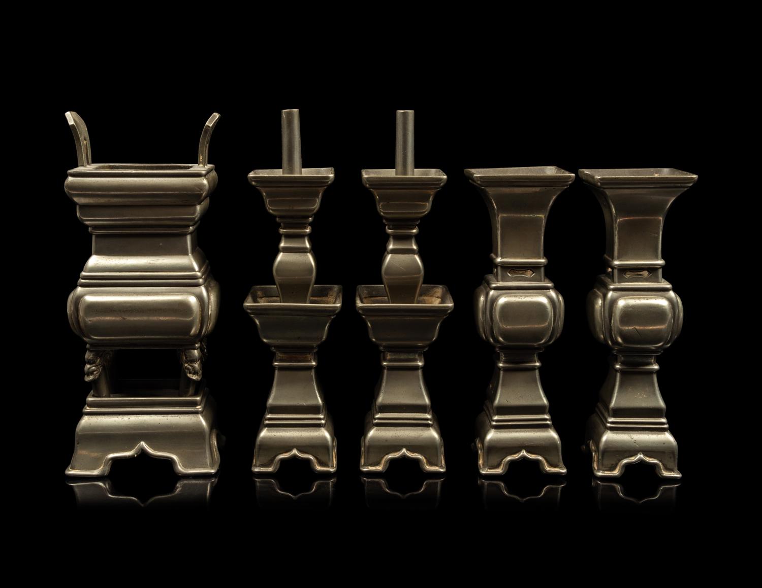 A Chinese Five-Piece Pewter Altar Set