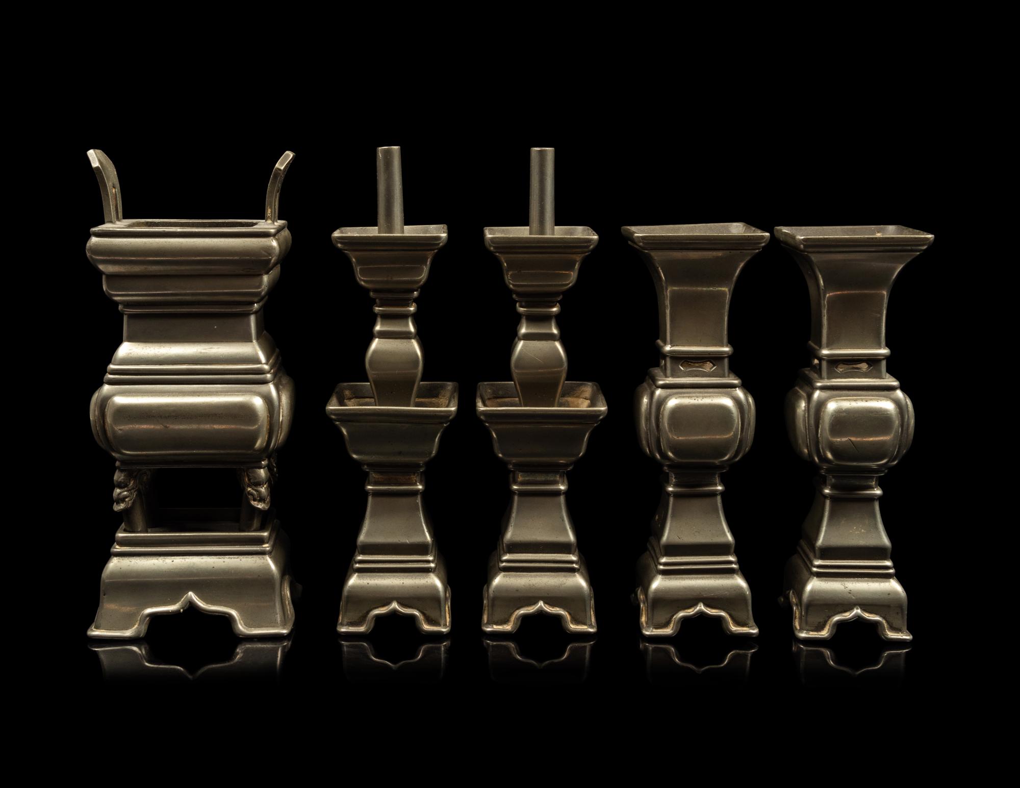 A Chinese Five-Piece Pewter Altar Set