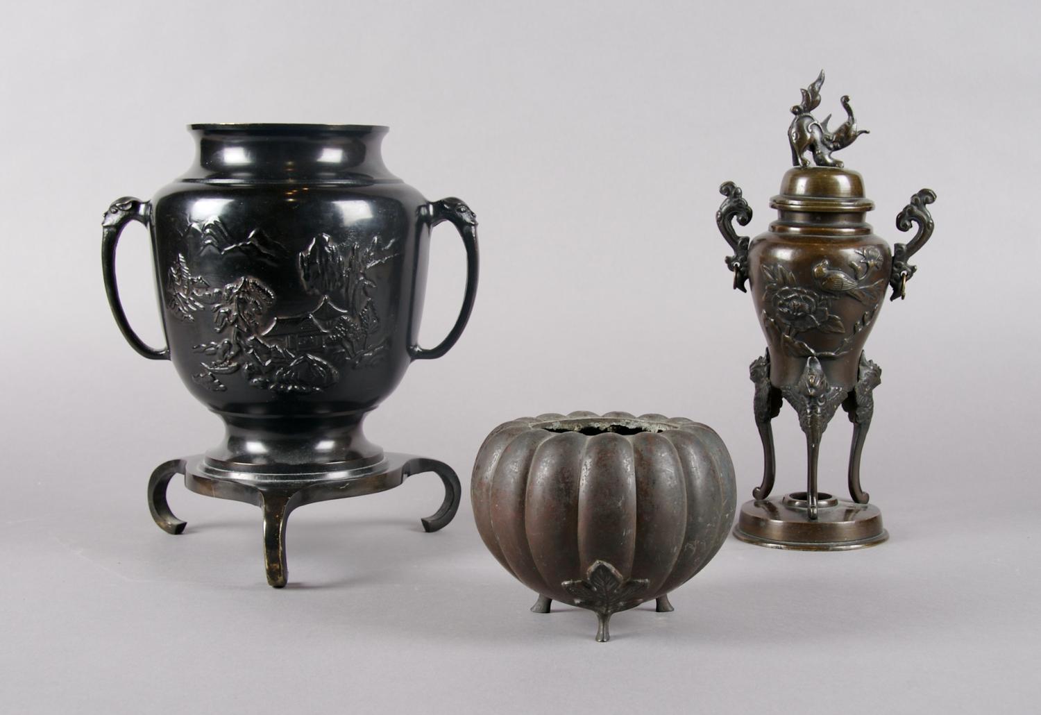 A Group of Three Japanese Bronze Vessels, Height of tallest 10 1/2 inches.
