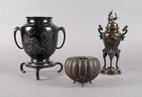 A Group of Three Japanese Bronze Vessels, Height of tallest 10 1/2 inches.