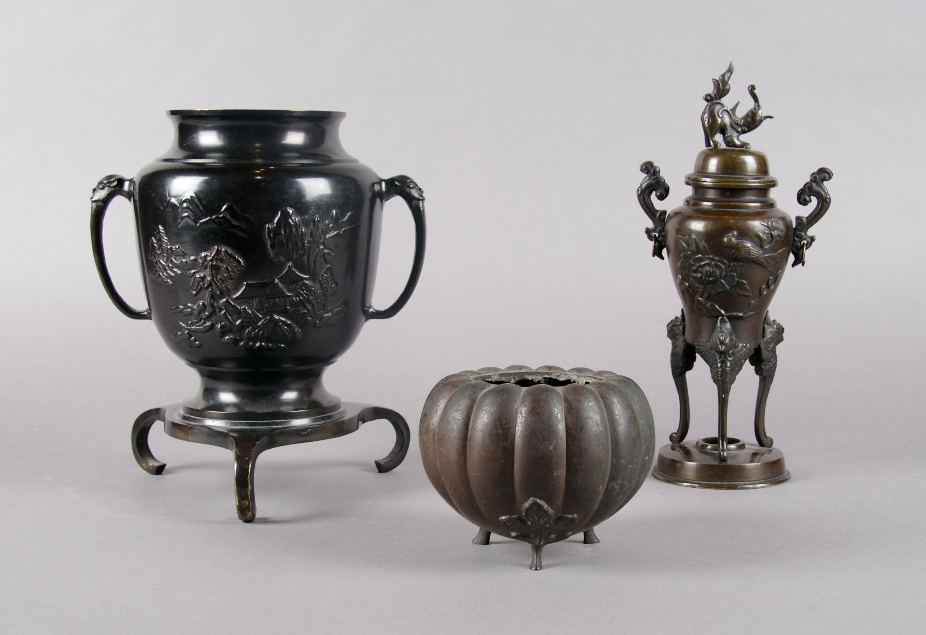 A Group of Three Japanese Bronze Vessels, Height of tallest 10 1/2 inches.