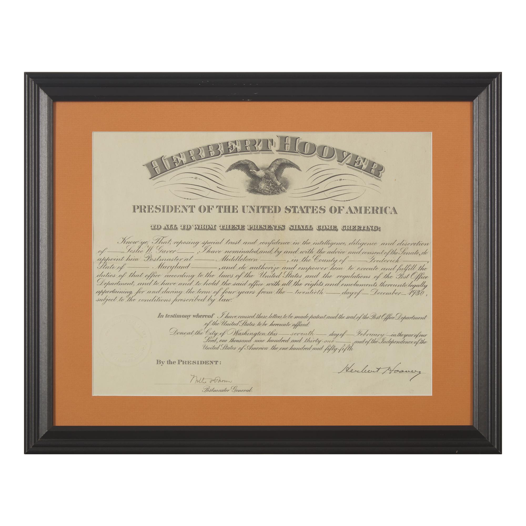 [Presidential] Hoover, Herbert. Partially-printed postal commission, signed