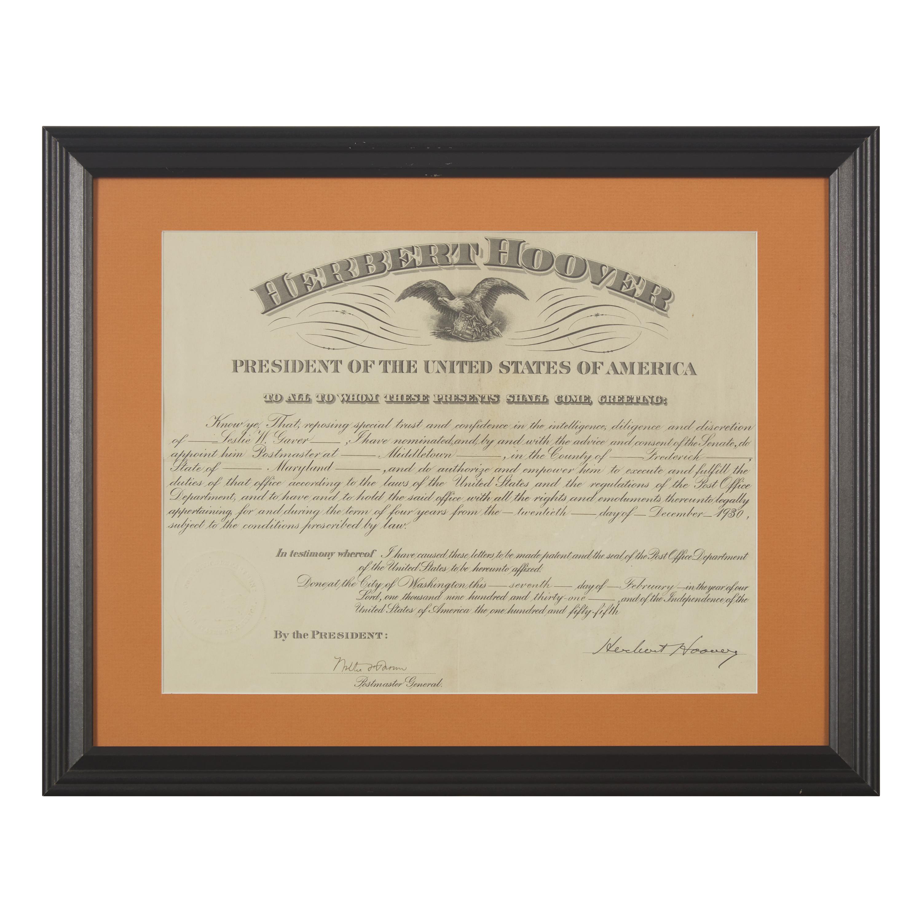 [Presidential] Hoover, Herbert. Partially-printed postal commission, signed