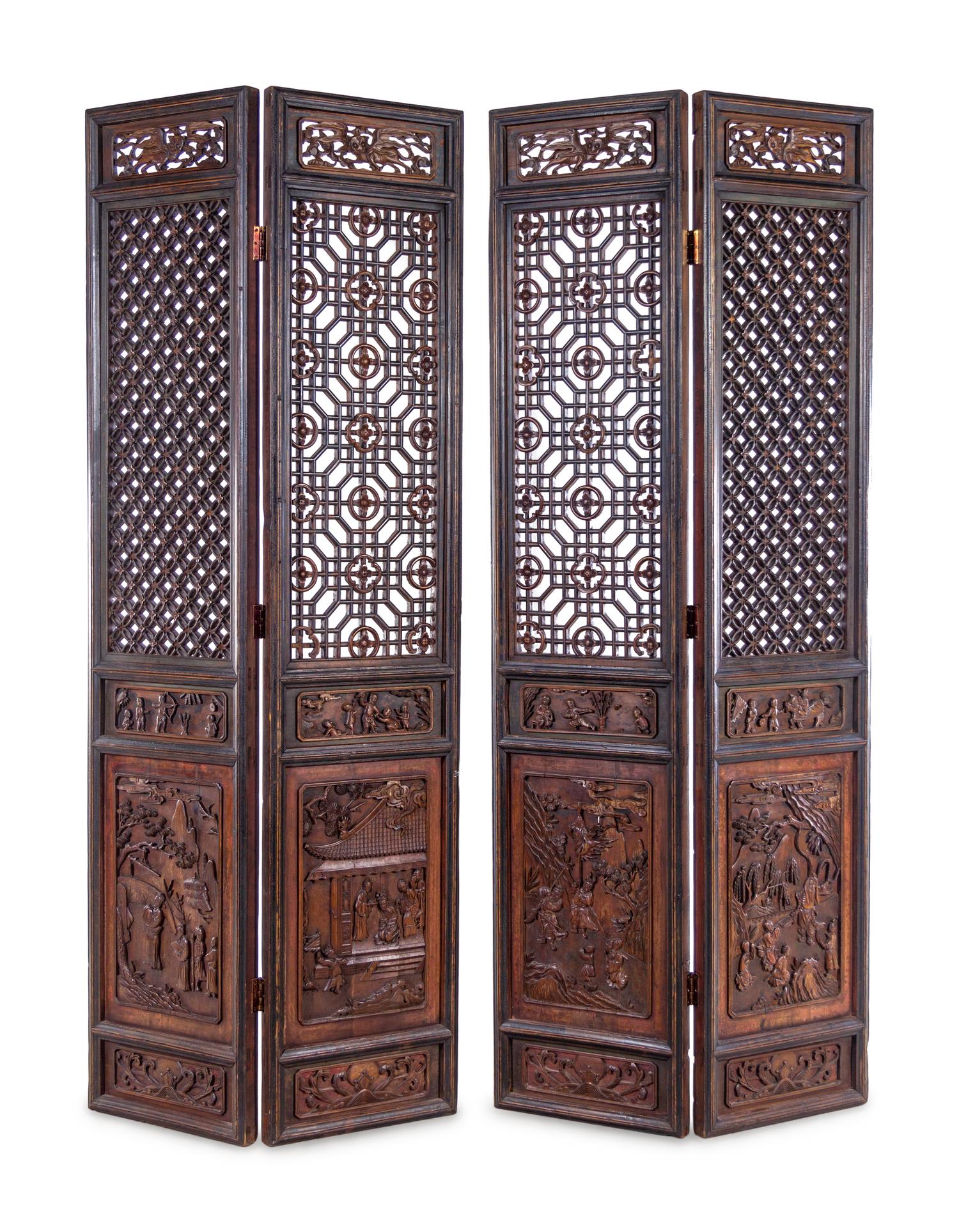 A Chinese Carved Hardwood Four-Panel Floor Screen