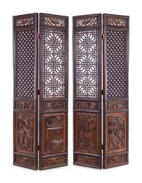 A Chinese Carved Hardwood Four-Panel Floor Screen