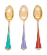 each with enamel handle, varying colors.