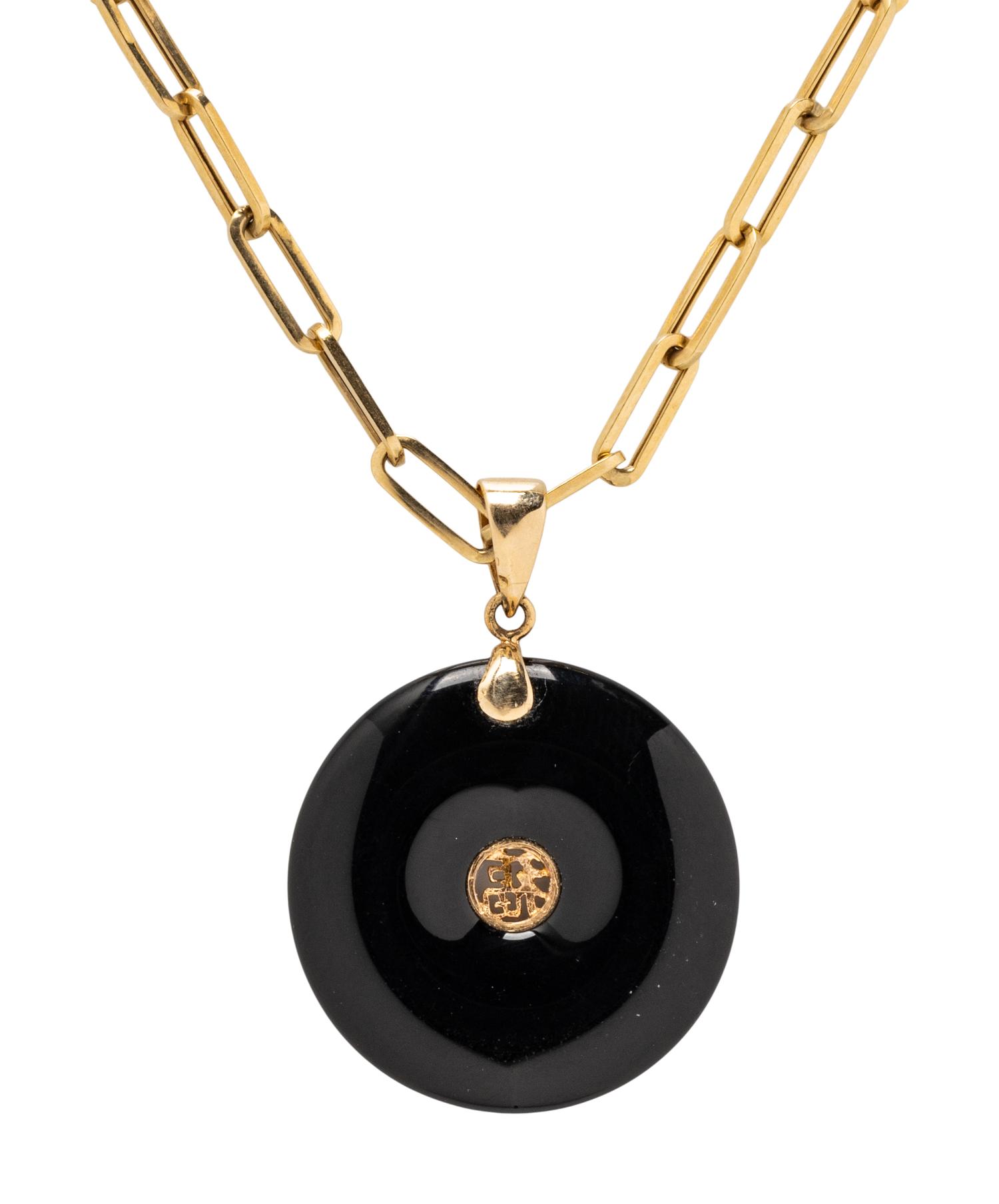 YELLOW GOLD PAPERCLIP CHAIN WITH ONYX PENDANT