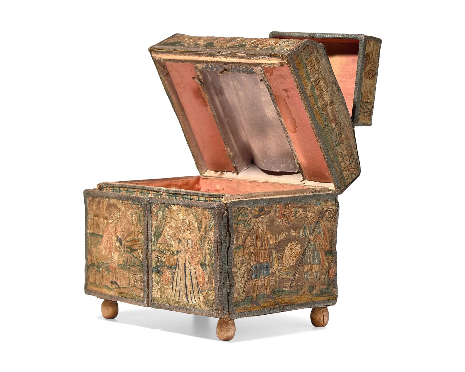A Charles II Embroidered Tabletop Sewing Casket, 17th Century