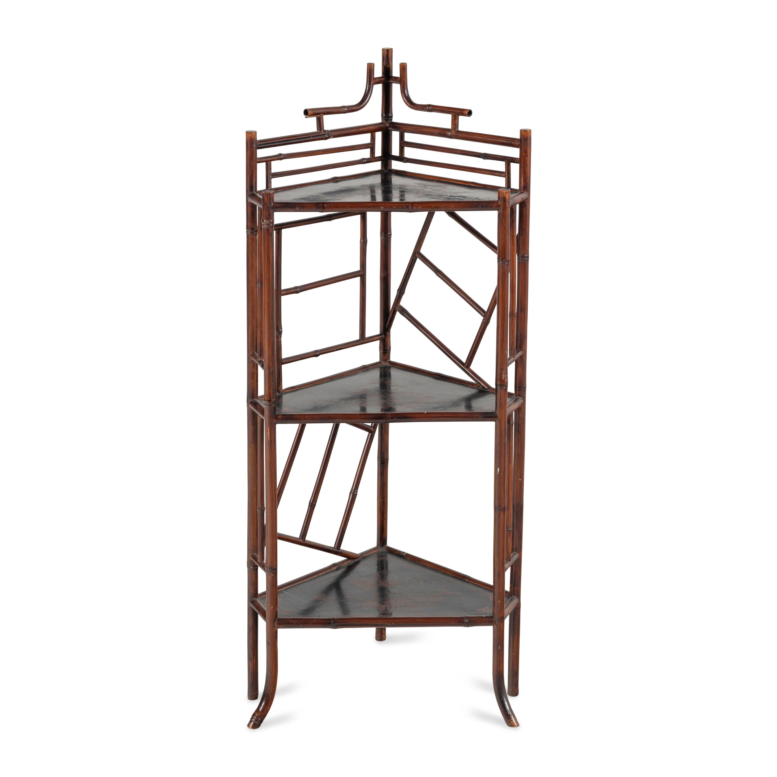 An English Faux Bamboo and Lacquer Etagere