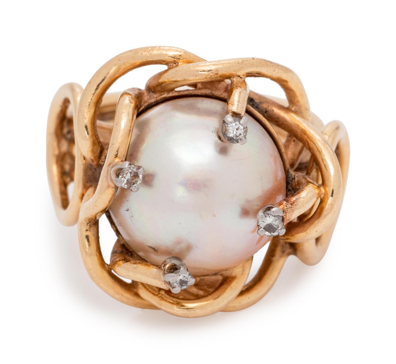 A Yellow Gold, Mabe Pearl and Diamond Ring,