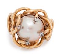 A Yellow Gold, Mabe Pearl and Diamond Ring,