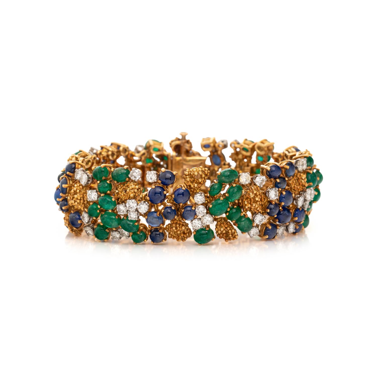 FRENCH, YELLOW GOLD, DIAMOND, SAPPHIRE AND EMERALD BRACELET
