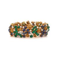 FRENCH, YELLOW GOLD, DIAMOND, SAPPHIRE AND EMERALD BRACELET